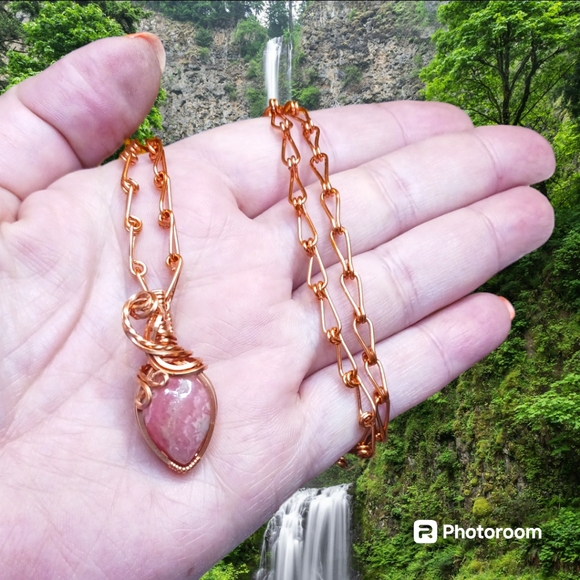 Artisan Copper Wire Wrap Rhodocrosite Pendant - Picture 6 of 6